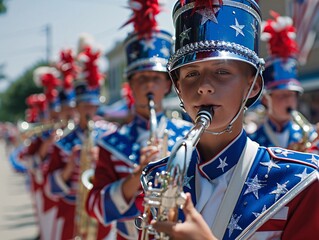 A marching band in red, white, and blue uniforms plays patriotic tunes as they lead a Fourth of July parade. Behind them, decorated floats and costumed performers add to the lively celebration of