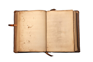 Old leather-bound book open to a random page, isolated on transparent background, top-down view, natural light, fine texture detail.