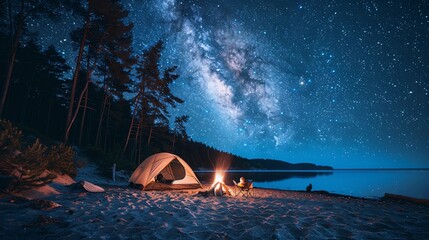 4k resolution images A family camping near the sea, sitting around campfire under starry sky at night. The tent is set up on sandy beach surrounded by pine trees and the Milky Way visible in clear