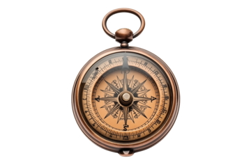 Antique brass compass isolated on transparent background.