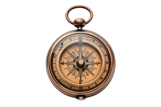 Antique brass compass isolated on transparent background.