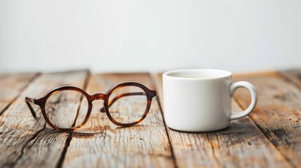 Author&rsquo;s Glasses and Coffee Cup on Wooden Desk, Isolated Against White Background, Evoking a Calm and Focused Workspace Ambiance
