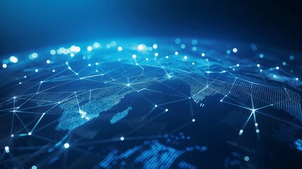 This image depicts a global data network in a deep blue shade with interconnected lines and dots