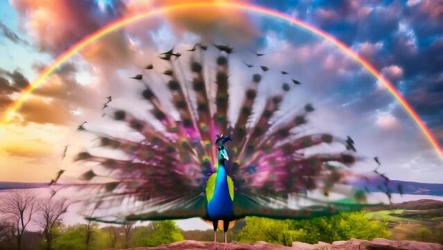 A peacock with its feathers fully open stands gracefully under a vibrant rainbow. The lush green landscape and dramatic sky enhance the peacock's vivid colors. 