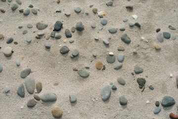Tranquil Beach Scene: Stones on Shoreline, Coastal Serenity, Pebbles by Ocean, Natural Beauty