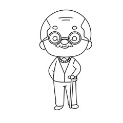 A man with glasses and a cane is standing in a white background