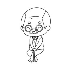 A cartoon man with glasses and a cane sitting on a chair