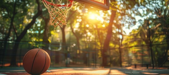 Street basketball scene  close up of basketball smoothly passing through hoop on outdoor court
