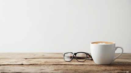 Author&rsquo;s Glasses and Coffee Cup on Wooden Desk, Isolated Against White Background, Evoking a Calm and Focused Workspace Ambiance