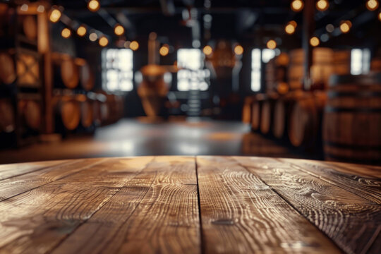 An elegant, polished oak tasting table in the foreground with a blurred background of a high-end whisky distillery. The background includes rows of oak barrels.