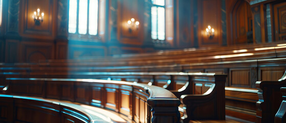 Empty jury box in a traditional courtroom