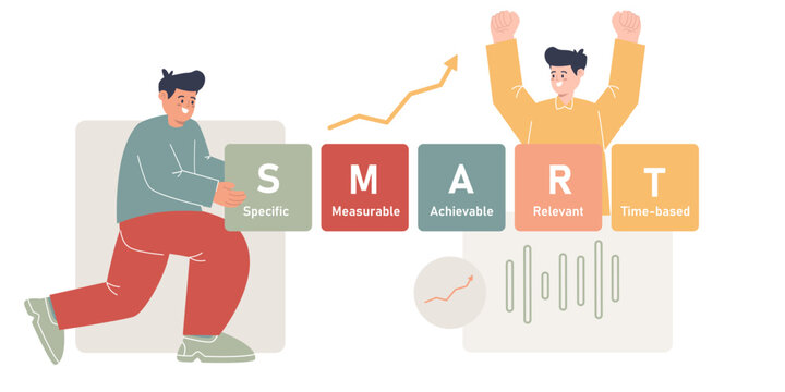 SMART goals specific measurable objective setup coworker illustration colorful soft abbreviation