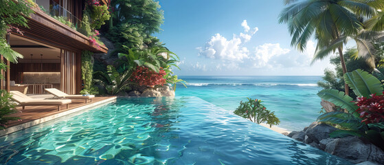 Obraz premium Exterior view of a tropical residence with a sparkling swimming pool, octane , ,