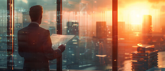 Focused public relations officer reading a press release, modern office space with windows and city view, octane , ,