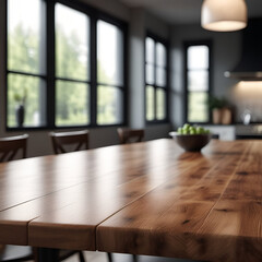Fototapeta premium A bright contemporary kitchen with a wooden table and chairs for a healthy meal