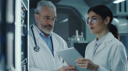 A male and female medical professional are engaged in a conversation, holding a digital tablet in a laboratory environment