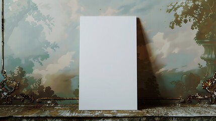 Nostalgic vibe for movie nights with a portrait rectangle white paper mockup on a faded wallpaper wall.