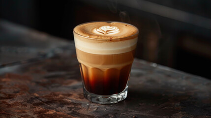 Product photo of nitro cold brew coffee, on wooden table top surface, isolated on white background. studio lighting.	
