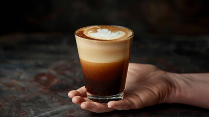 Product photo of nitro cold brew coffee, on wooden table top surface, isolated on white background. studio lighting.	
