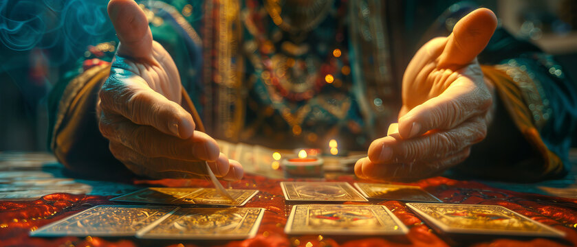 Fortune teller shuffling tarot cards on a velvet cloth
