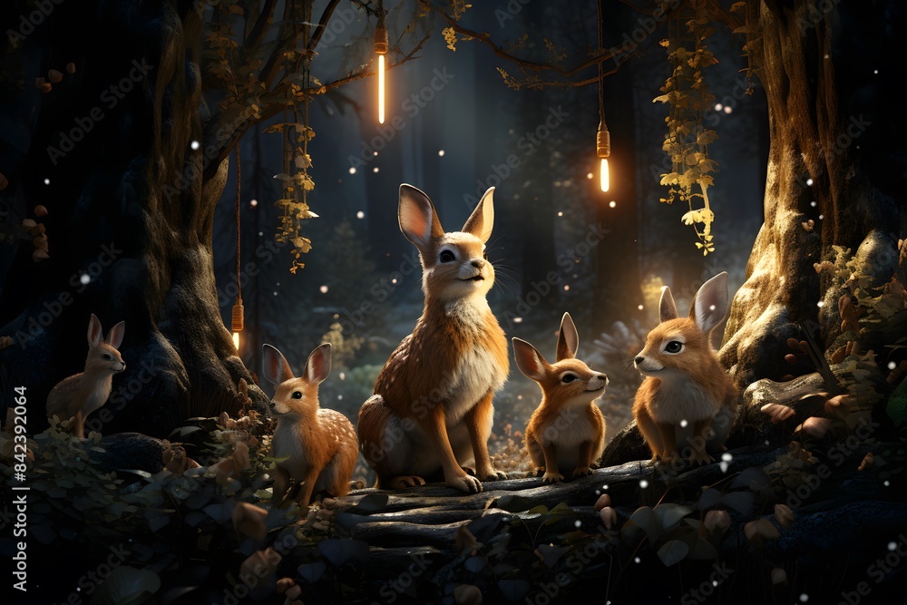 Wall mural funny rabbits in the forest at night. 3d rendering. - Wall murals