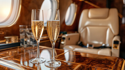 Champagne on board a private jet, a flight on the board of a business class plane and two flutes of champagne