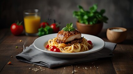 A close-up photo of a cheeseburger on a black background with sesame seed buns and fresh vegetables
