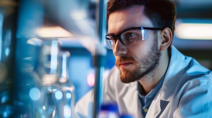 A scientist is intently examining specimens in a laboratory lit with blue tones, surrounded by scientific equipment
