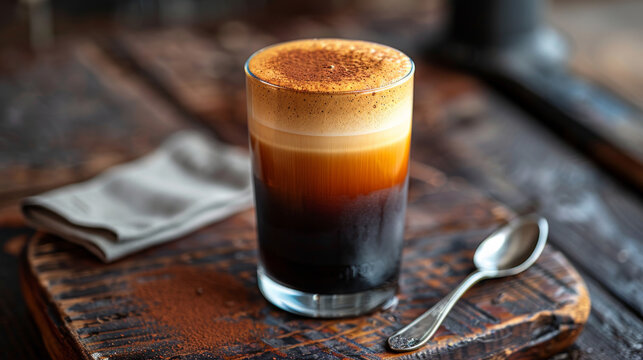 Product photo of nitro cold brew coffee, on wooden table top surface, isolated on white background. studio lighting.	
