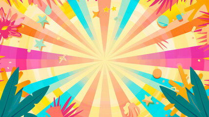 Bright abstract background with colorful sun rays and beach icons, ideal for a summer sale banner.