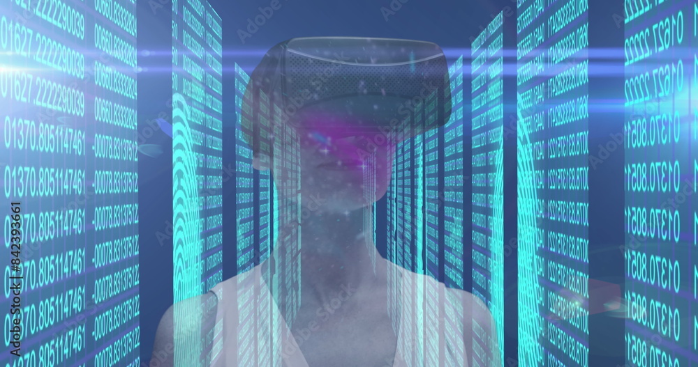 Poster image of caucasian woman with vr headset over binary coding