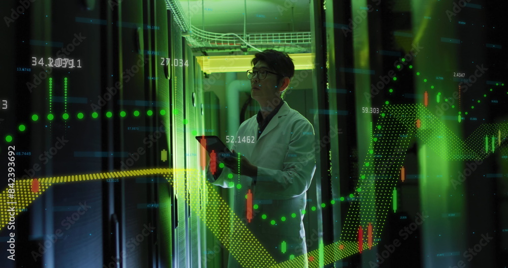 Poster financial data processing against asian it technician with digital tablet working in server room