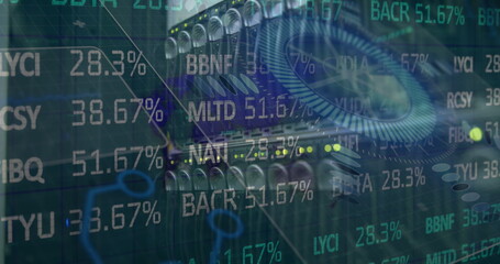 Stock market data processing and round scanner against close up of a computer server