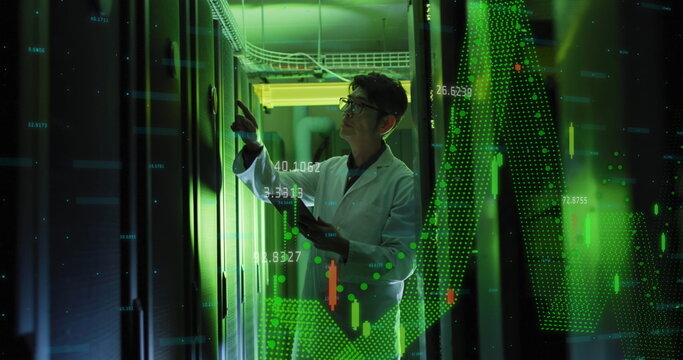 Financial data processing against asian it technician with digital tablet working in server room