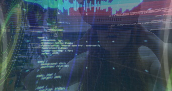 Image of data processing over caucasian woman wearing vr headset