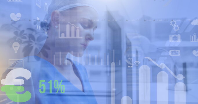 Image of media icons over caucasian female nurse using tablet - Powered by Adobe