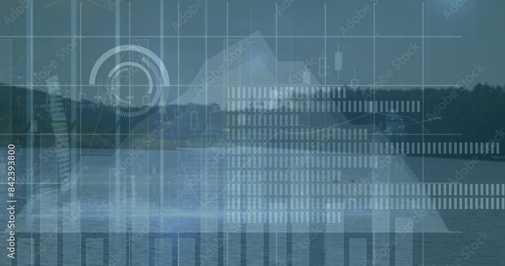 Poster image of graphs and data processing over landscape with lake