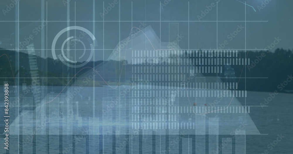 Poster image of graphs and data processing over landscape with lake