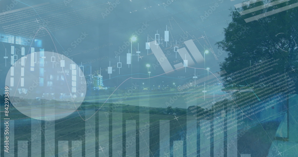 Poster image of graphs and financial data over timelapse with road traffic