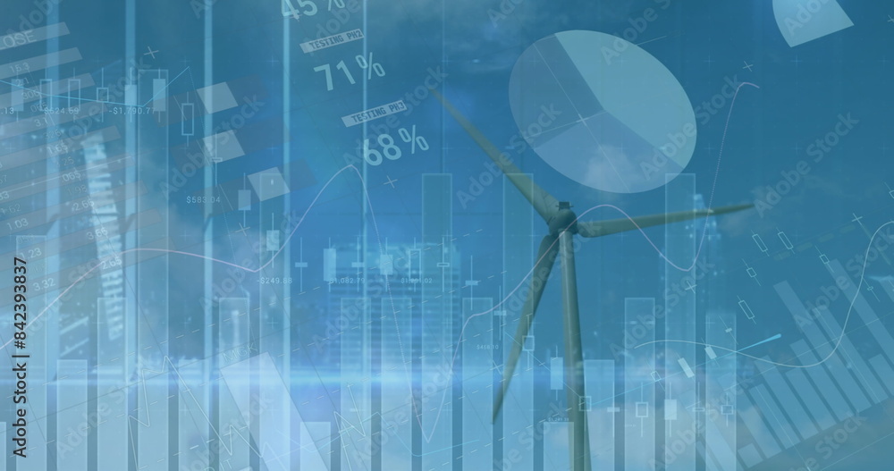 Poster image of graphs and financial data over wind turbine