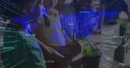 Image of data processing over diverse schoolchildren learning in classroom