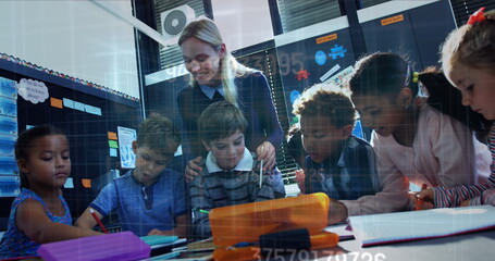Image of data processing over diverse schoolchildren with teacher