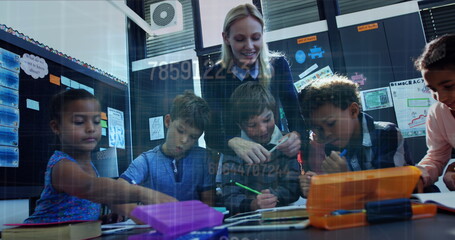 Image of data processing over diverse schoolchildren with teacher