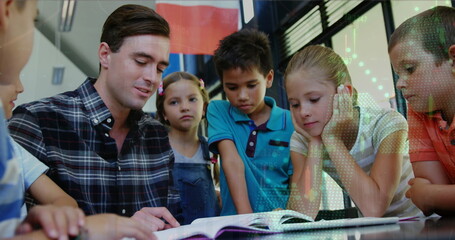 Image of data processing over diverse schoolchildren with teacher