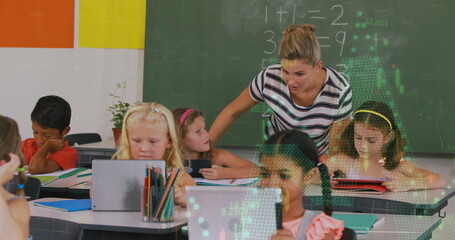 Image of data processing over diverse schoolchildren with teacher