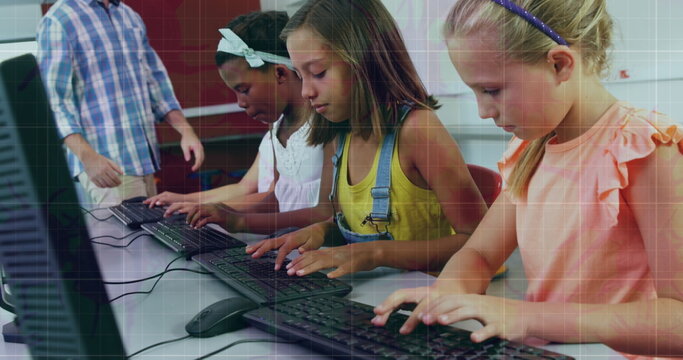 Image of data processing over diverse schoolchildren with teacher