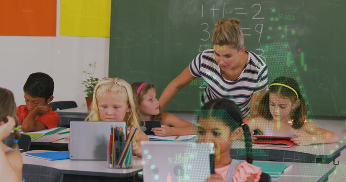 Image of data processing over diverse schoolchildren with teacher - Powered by Adobe