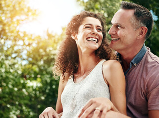 Smile, couple and hug for marriage with commitment, relationship and happiness on honeymoon....