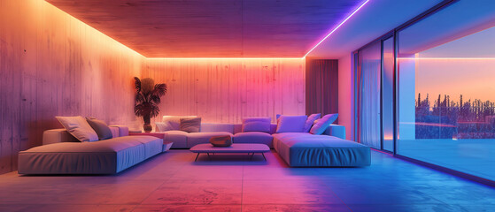 Futuristic minimalist living space with neon lighting and luxury decor