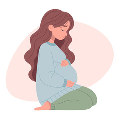 Pregnant woman hugging her belly, expectant mother, motherhood, isolated on white background